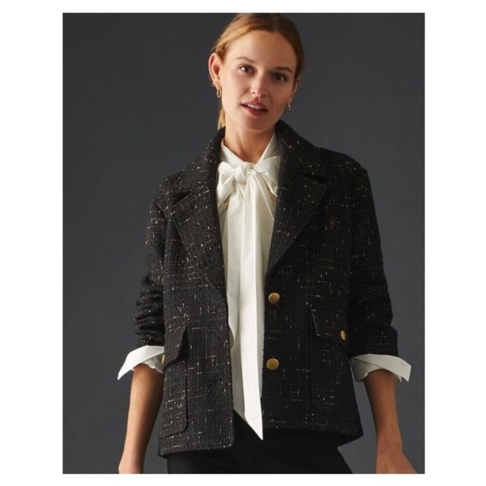 Anthropologie x Avec Les Filles Black Tweed Blazer Gold Thread Jacket Sz M